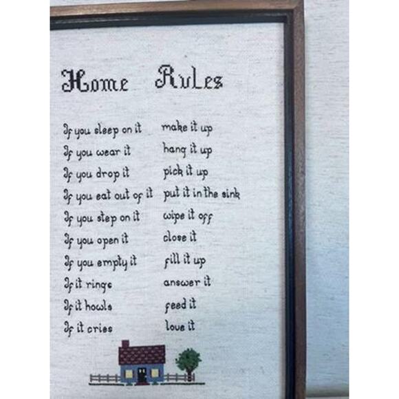 Framed Cross-Stitch "Home Rules" | Handmade Embroidered Wall Art‎ | Rustic Decor - Picture 7 of 8